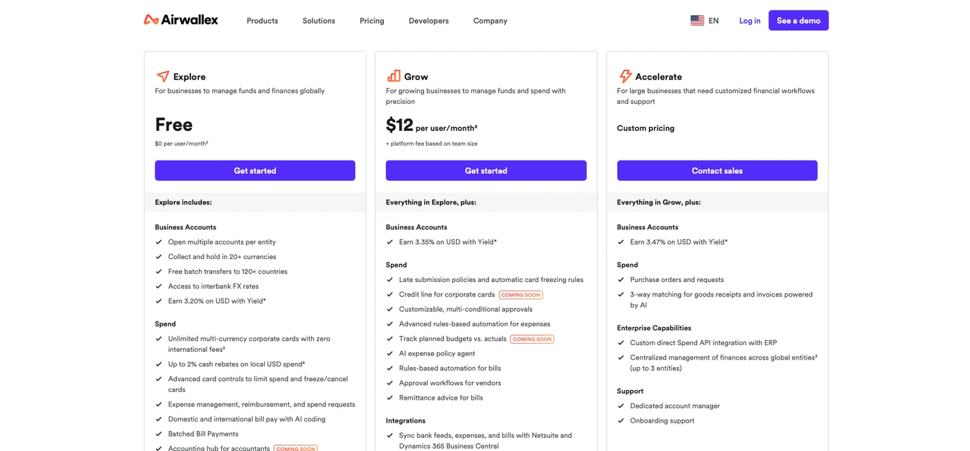 Airwallex FX: the spread is the real fee · Source: airwallex.com/us/pricing — interbank FX access, tiers Free/$12/custom, July 30, 2026