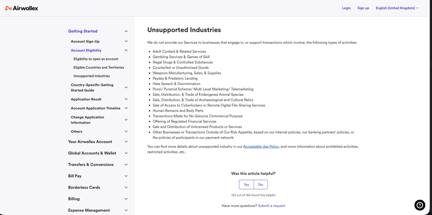 Airwallex’s published “Unsupported Industries” list — note the catch-all final item: “Other Businesses… Outside of Our Risk Appetite” · Source: help.airwallex.com, July 31, 2026