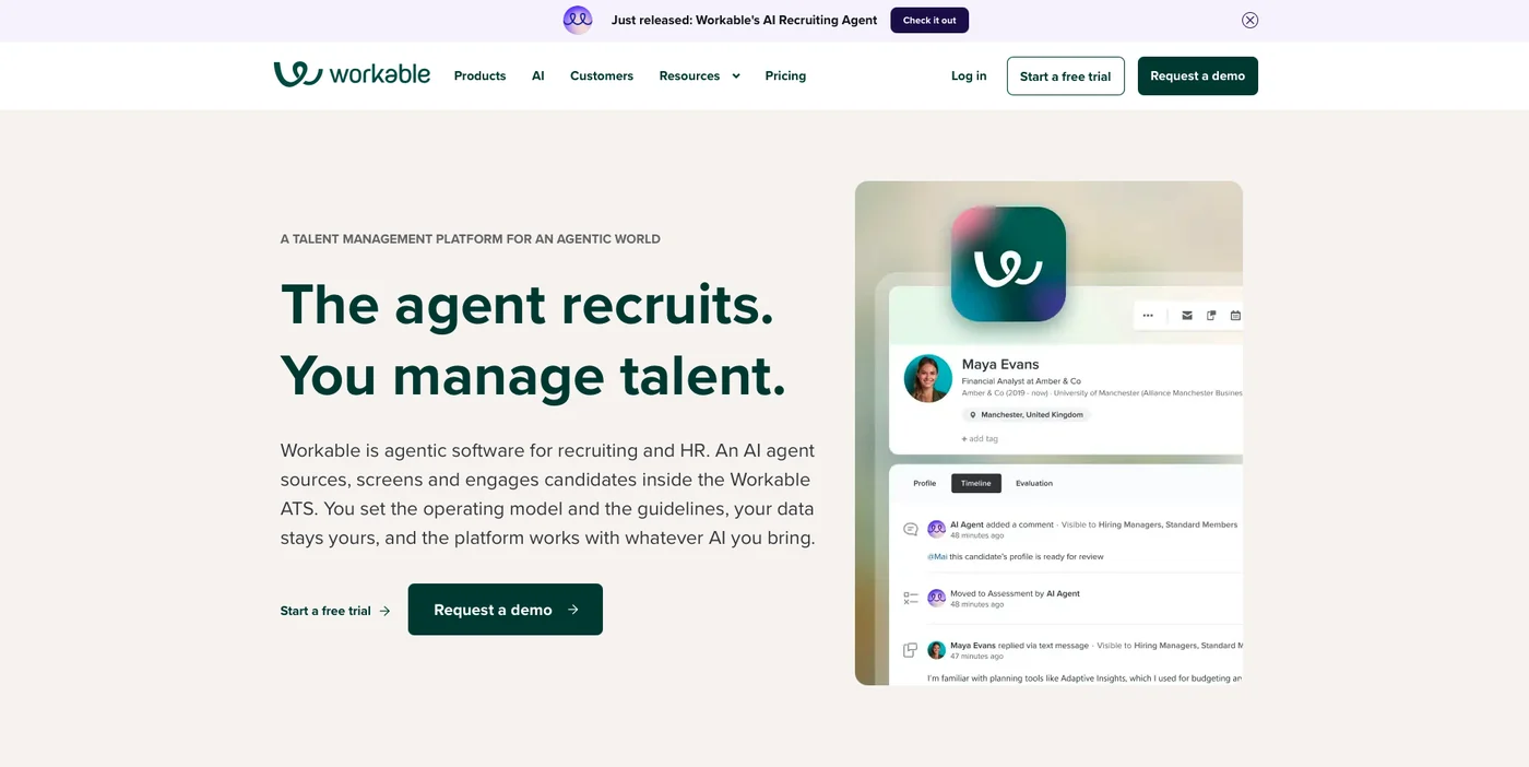 Workable’s pipeline view, from the vendor’s public demo · Source: workable.com, July 30, 2026