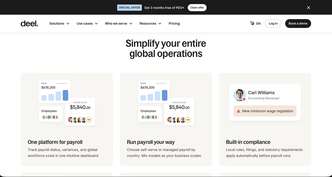 The Deel platform, as presented on their product pages · Source: deel.com, July 30, 2026
