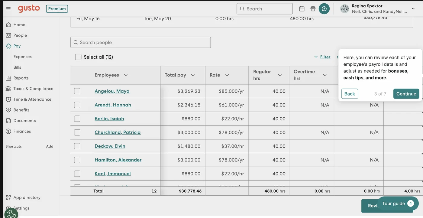 Running payroll in Gusto: the three-step flow · Source: Gusto public demo tour (gusto.com/instant-demo), July 30, 2026 — demo data