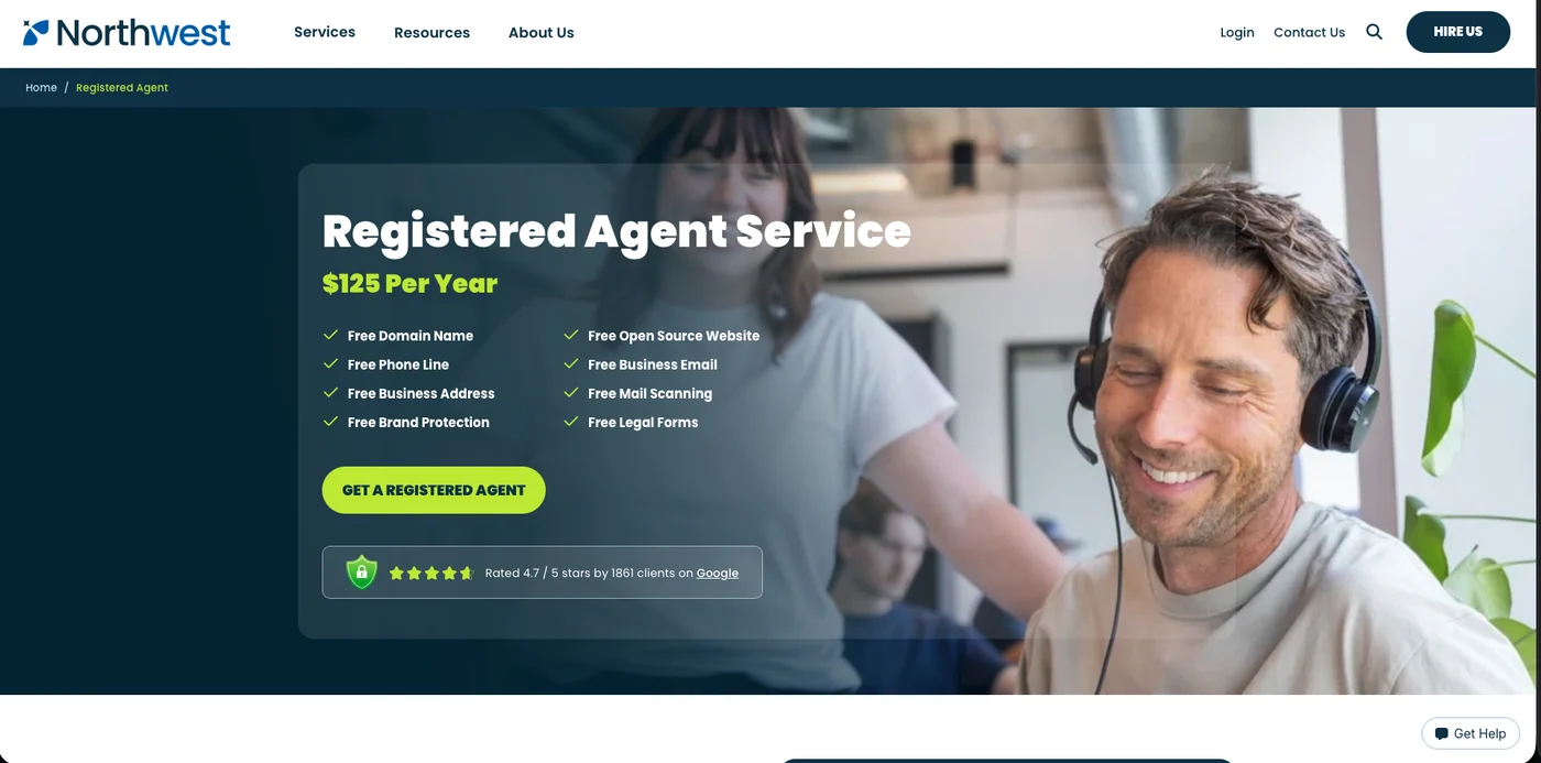 Northwest’s registered-agent offer as published: $125/yr flat · Source: northwestregisteredagent.com, July 30, 2026
